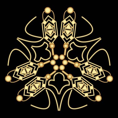 Siyah arkaplandaki lüks, soyut altın yardım süsü. Sanat deco motifi, geometrik desenler