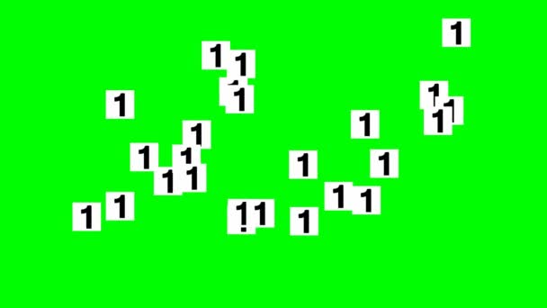 Código binario, sistema de números binarios, 0 y 1 números en tarjetas blancas volando desde la izquierda tu derecha. Fondo de fantasía de ciencia ficción, animación en estera verde — Vídeo de stock
