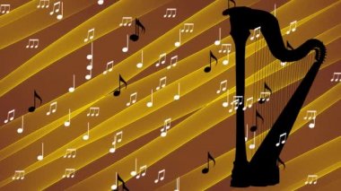 Altın bir arka planda arp silueti olan müzik filmi eğik çizgili, siyah beyaz notalı, müzik gösterilerine giriş, müzik festivali,