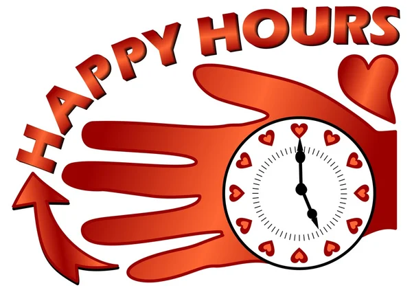Happy hours panneau d'affichage avec une horloge sur la paume — Image vectorielle