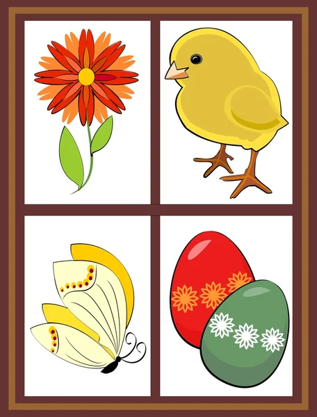 Våren fönster med kyckling, blomma, fjäril och färgade ägg — Stock vektor
