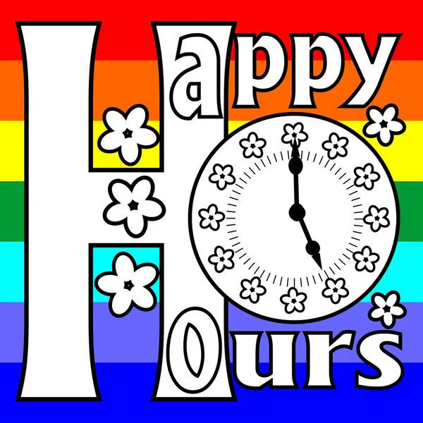 Happy hours panneau d'affichage avec horloge visage sur un fond arc-en-ciel — Image vectorielle