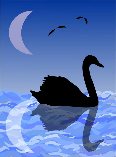 Swan silhouette on water surface with reflection of the moon — Stock Vector