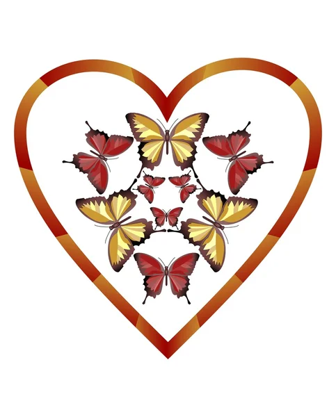Herz mit Komposition aus gelben und roten Schmetterlingen — Stockvektor
