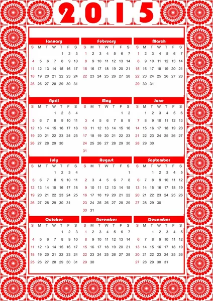 Calendar 2015 of folklore style with fine red pattern — Stock Vector