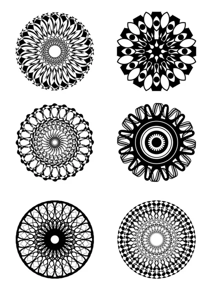 Set of symmetric circle patterns in black and white design — Stock Vector