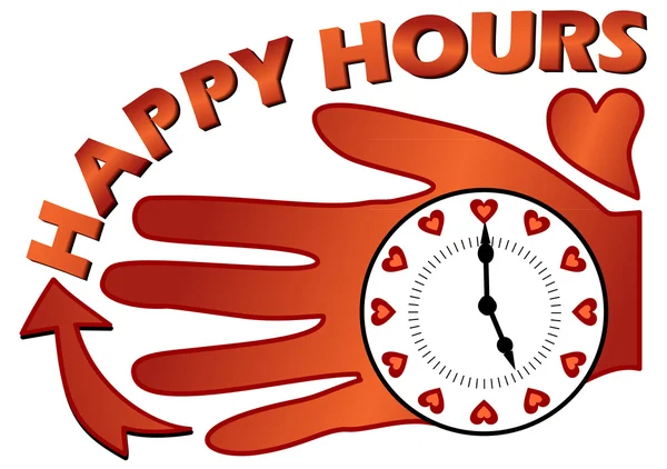 Cartelera Happy hours con un reloj en la palma — Vector de stock