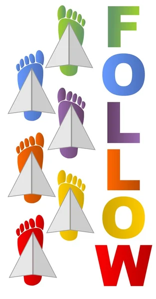 Panneau d'affichage avec le mot suivre et des traces humaines colorées — Image vectorielle
