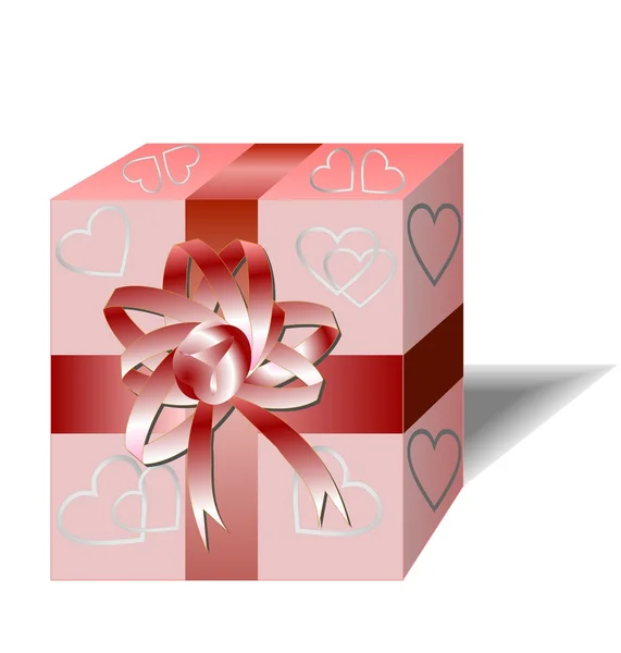 Valentine day pink gift box with red ribbon and hearts — Stock Vector