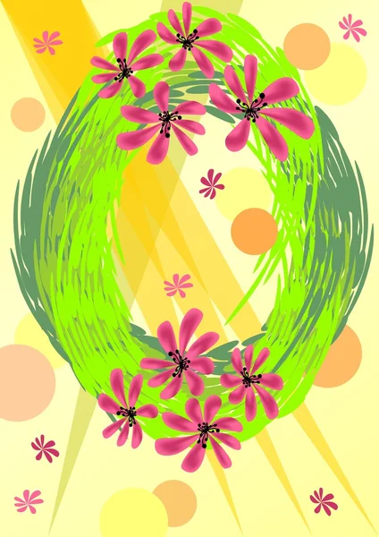 Background to welcome spring with green wreath and flowers — 图库矢量图片