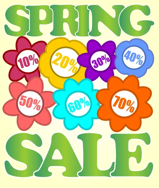 Panneau d'affichage de vente de printemps avec des fleurs colorées et des étiquettes pour cent — Image vectorielle