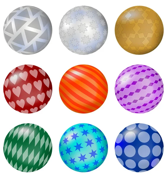 Un conjunto de bolas brillantes de colores con patrones — Vector de stock