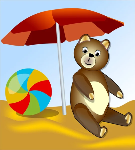 Teddy bear with resting on the sea under the red umbrella — Stock Vector