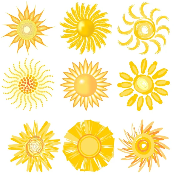 Un conjunto de linda imagen del sol en varias técnicas vectoriales — Vector de stock