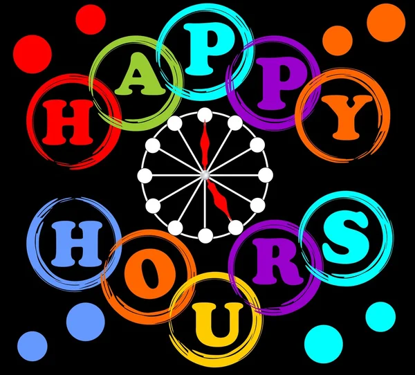 Cartelera Happy hours en colores arco iris con esfera de reloj — Vector de stock