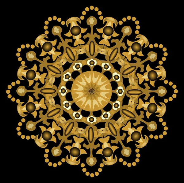 Motivo geométrico simétrico dorado sobre fondo negro — Vector de stock