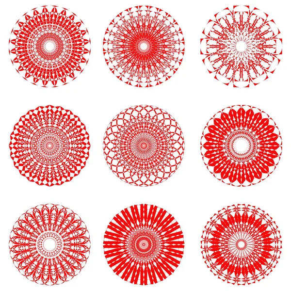 Un ensemble de motifs de cercle symétrique rouge en dentelle filigrane — Image vectorielle