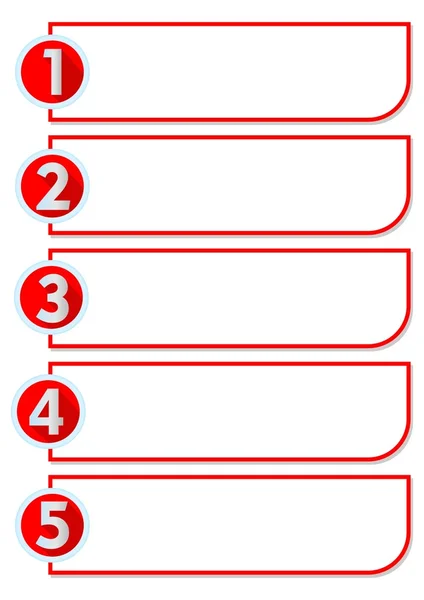 Workflow in fünf Schritten mit Nummern eins, zwei, drei, vier, fünf Treppen in rotem Kreis — Stockvektor