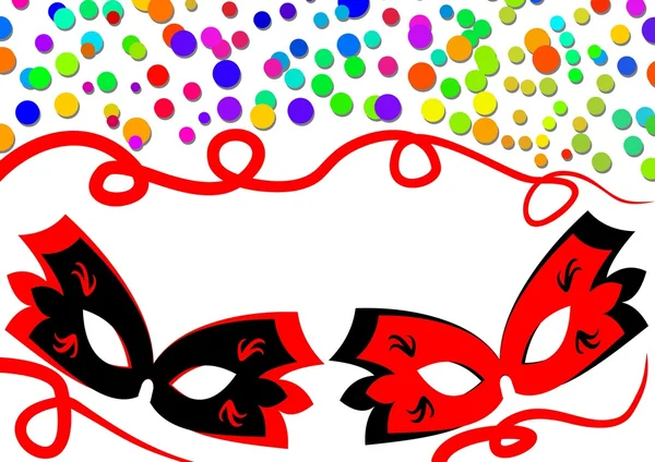 Cheerful carnival background with with multicolored confetti and carnival masks — Stock Vector