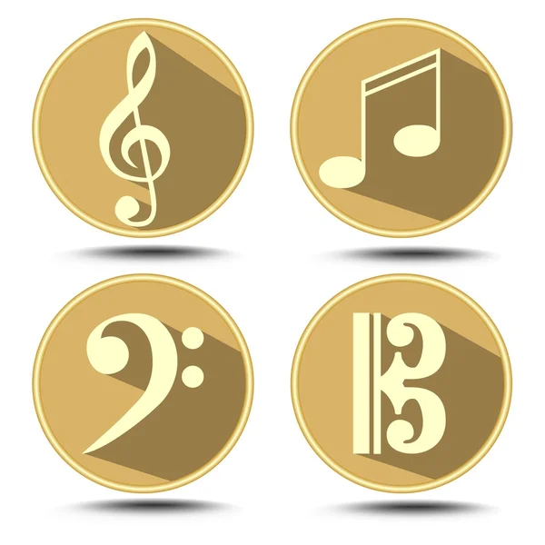 A set of music symbol in circle with long shadow. Treble clef, bass clef, music note — Stock Vector