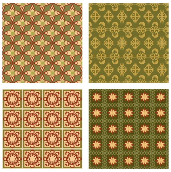Set of background tiles in art deco style with simple geometric patterns in beige, red and green nostalgic color shade — Stock Vector