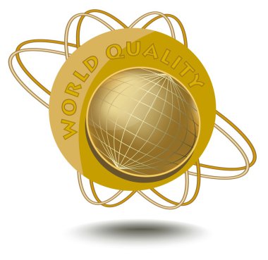 Emblem world quality with globe motif in golden design. An sticker for products of high quality. clipart
