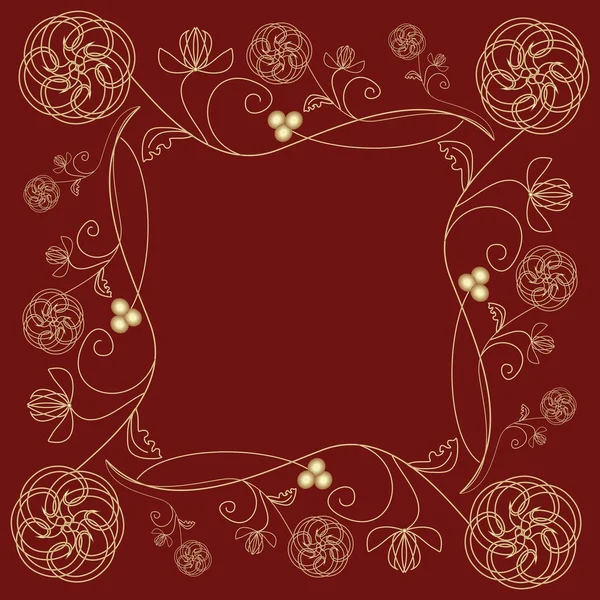 Tile with fine golden  flower motif in art deco style on dark red background. — Stock Vector