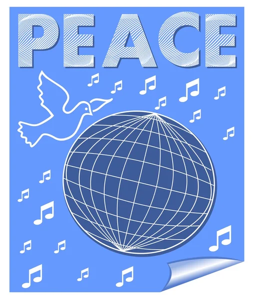 Banner vectorial de paz con paloma volando sobre el globo y símbolos musicales. Dibujo blanco sobre fondo azul . — Vector de stock