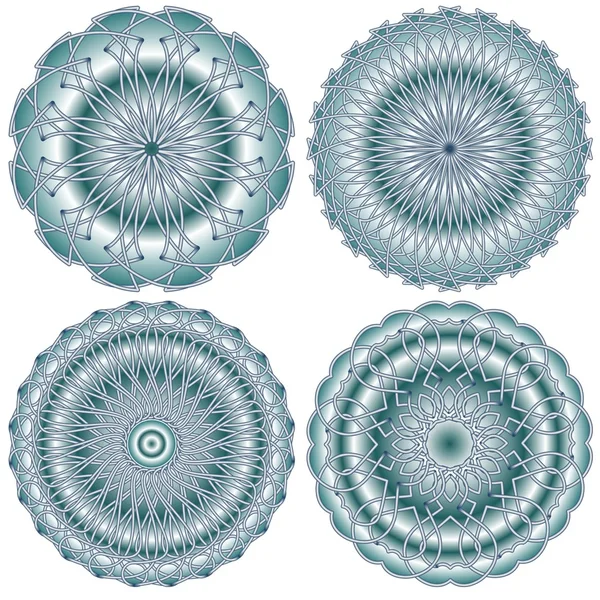 Set of isolated filigree metal silver circle rosette ornaments with gradient plastic surface — Stockvector