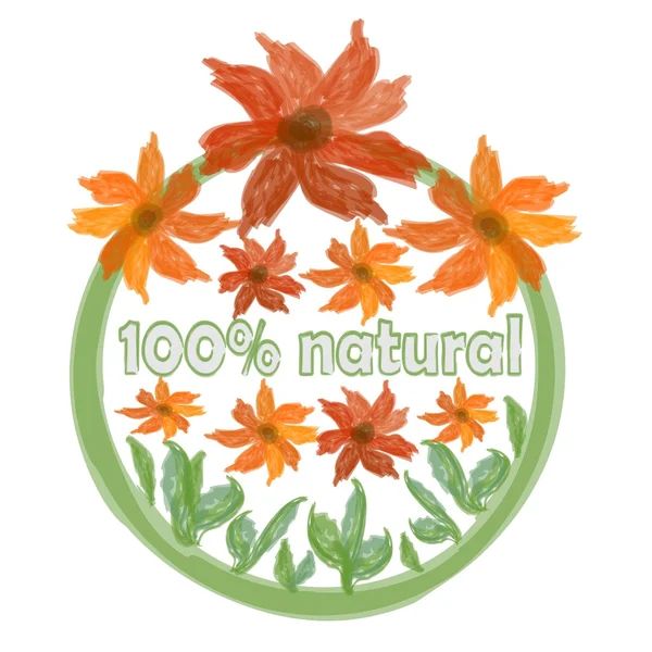 Ecological label with painted watercolor grunge flowers — Stockvector