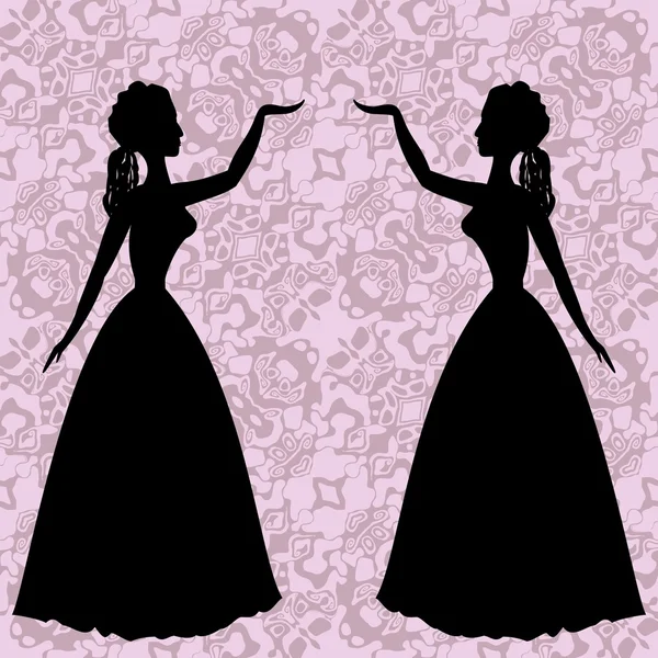Mirror silhouettes dancing women on ornamental background in rococo style — Stock Vector