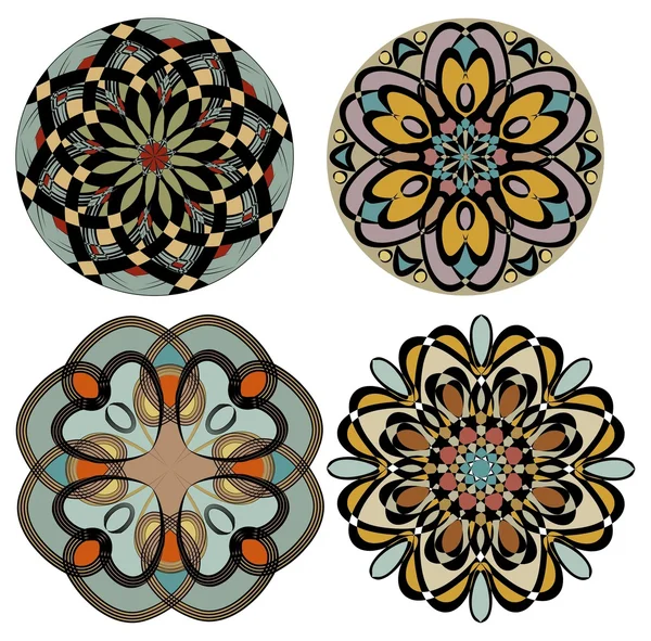 Nostaljik renk art deco tarzında renkli rozet koleksiyonu. Simetrik geometrik desenli daire.