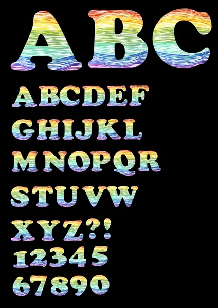 Alfabeto - mayúsculas en diseño de garabatos arco iris de moda, también incluye números, signo de interrogación y signo de exclamación — Vector de stock