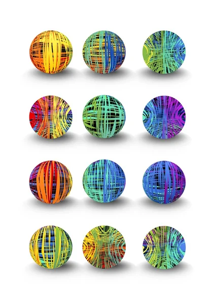 Un set di palline multicolori dal design scarabocchiato e dall'ombra — Vettoriale Stock