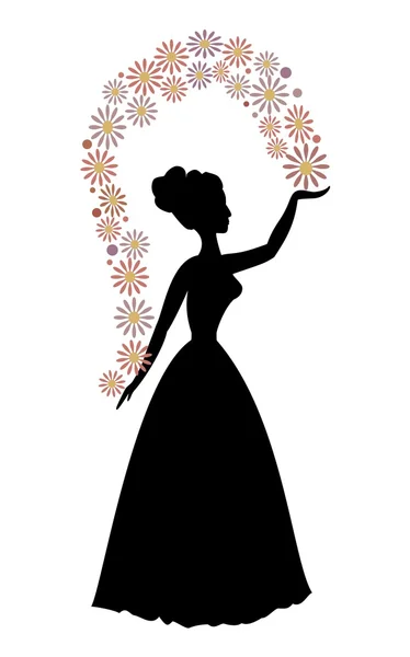 Vintage vector silhouette of a woman throwing flowers, beautiful decorative motif — Stock Vector