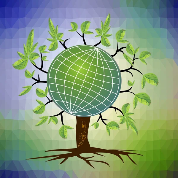 Ecological theme - tree with a globe in branches on the trendy triangle background in green and blue — Stock Vector