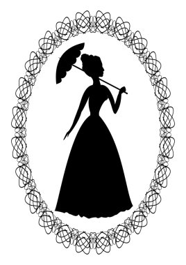 Vintage retro Rokoko Bayan şemsiye güzel oval dantel çerçevesindeki ile silueti ile çizim. Dekorasyon için topu davet