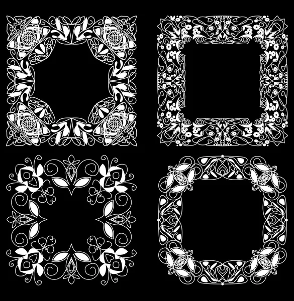 En uppsättning spetsar fyrkantiga ramar i art déco-stil, vit teckning på svart bakgrund. Lämplig för dekoration olika utskrifter. — Stock vektor