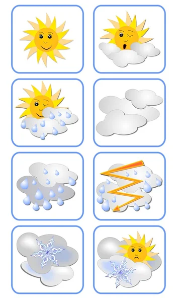 Vektor-Set von Wettervorhersagesymbolen für alle Wetterarten. Sonne hat einen Gesichtsausdruck — Stockvektor