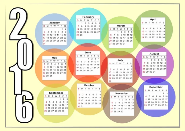 2016 calendário horizontal com arco-íris sobrepondo bolhas coloridas, a cada mês em um círculo separado — Vetor de Stock