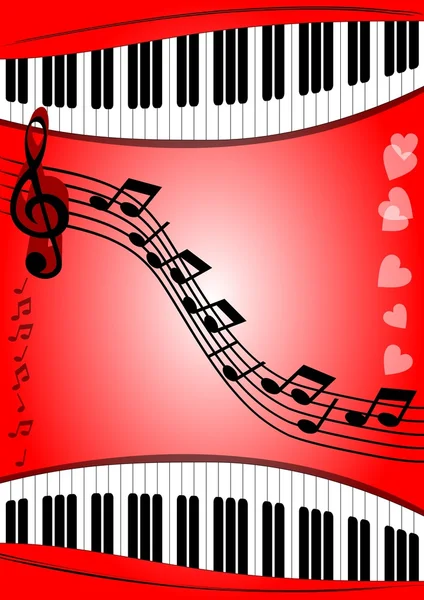 Bakgrund med musikaliska tema piano keyboard, stav, klav på röda området med lutning — Stock vektor
