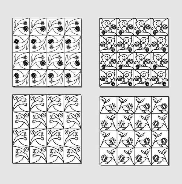 Conjunto de azulejos de fundo branco preto com motivo simplesmente floral. Pequenos elementos espelho . — Vetor de Stock