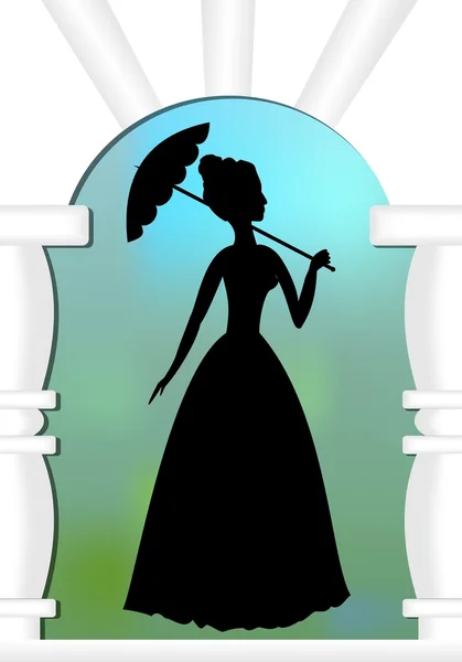 Senhora com guarda-chuva no portão, uma silhueta em borrão fundo verde e azul — Vetor de Stock