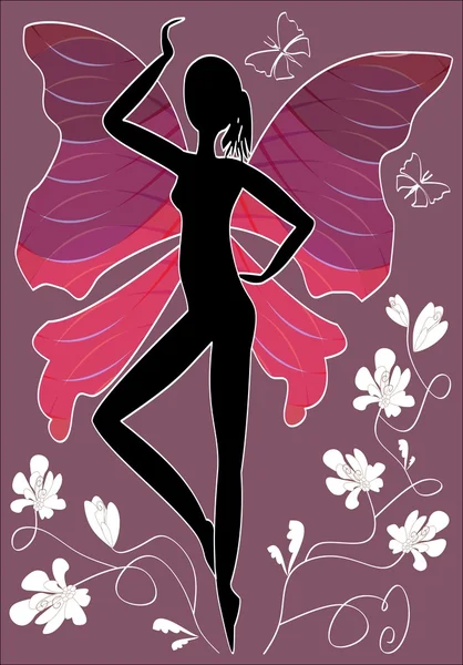 Ilustração abstrata - silhueta mulher negra com asas de borboleta e flores brancas em fundo roxo profundo — Vetor de Stock
