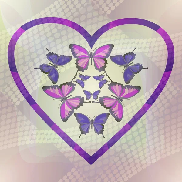 Romantic motif with butterflies in heart on halftone background — Stock Photo, Image