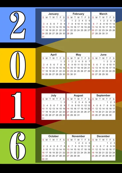 2016 verticale kalender met regenboog overlappende kleurrijke strepen — Stockvector