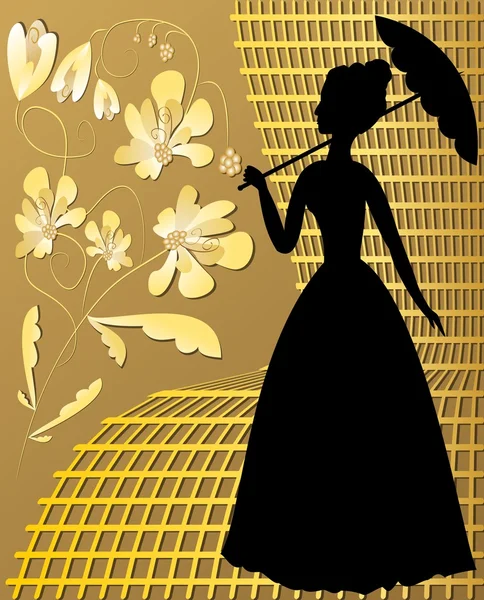 Silhouette dame aux fleurs vintage dorées sur grille dorée — Image vectorielle