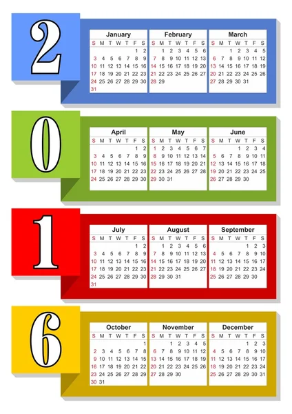 2016 verticale kalender met regenboog overlappende kleurrijke strepen, eps 10 vector — Stockvector