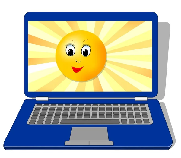 Laptop met schattige zon gezicht op display — Stockvector