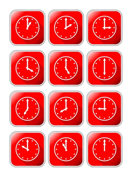 Clock icons with different time on red background with metallic frame — Stock Vector